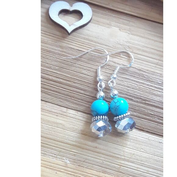 boho earrings 368#mfs Howlite gemstone earrings dyed turquoise beads crystal dan - Picture 2 of 5